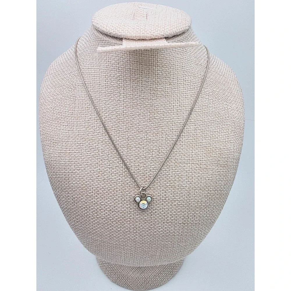 Vtg DISNEY Micki Mouse Necklace SWAROVSKI Crystal Silver‎ Plate Snake Chain 16